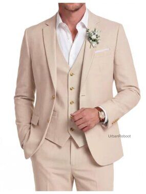 Men's 3 Piece Cotton Linen Suit Set Lightweight Blazer Vest Pants Wedding
